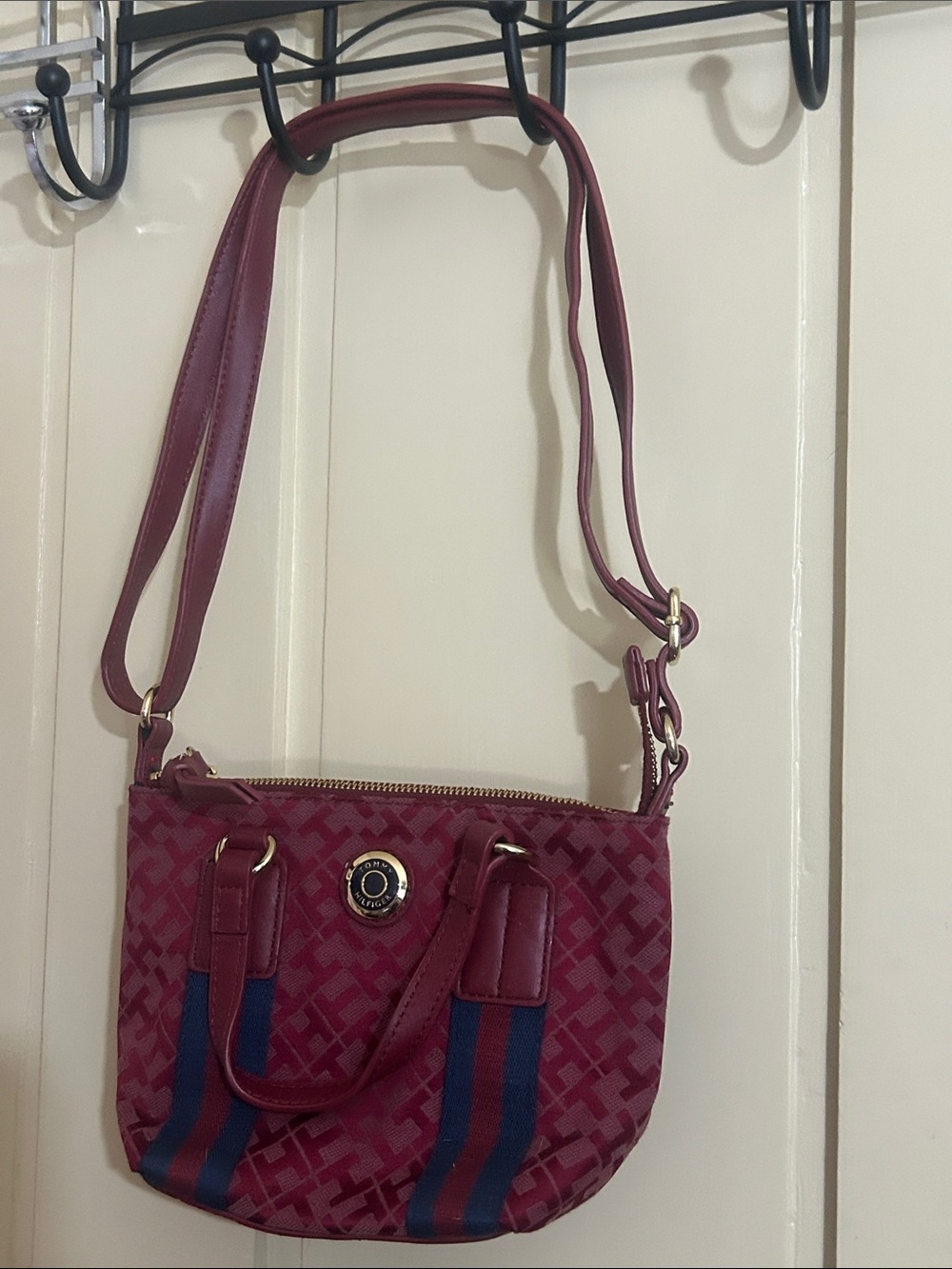 Tommy Hilfiger Wine Red Crossbody with Navy Stripe Detail